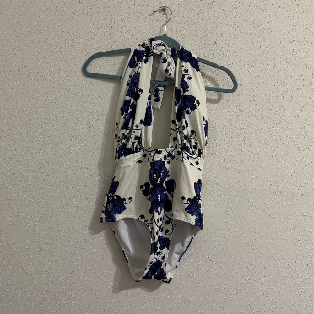 Aguaclara Floral Blue and White Halter One Piece Swim - Size L